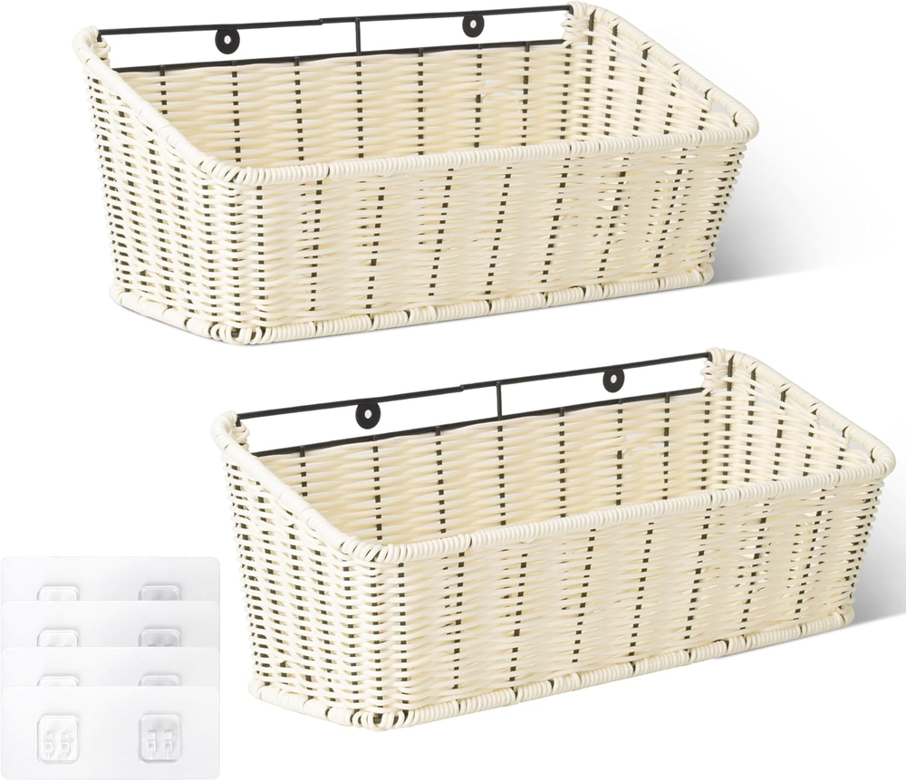 Wicker Hanging Basket, 2 Pack Storage Baskets for Organizing, Adhesive Wall Moun