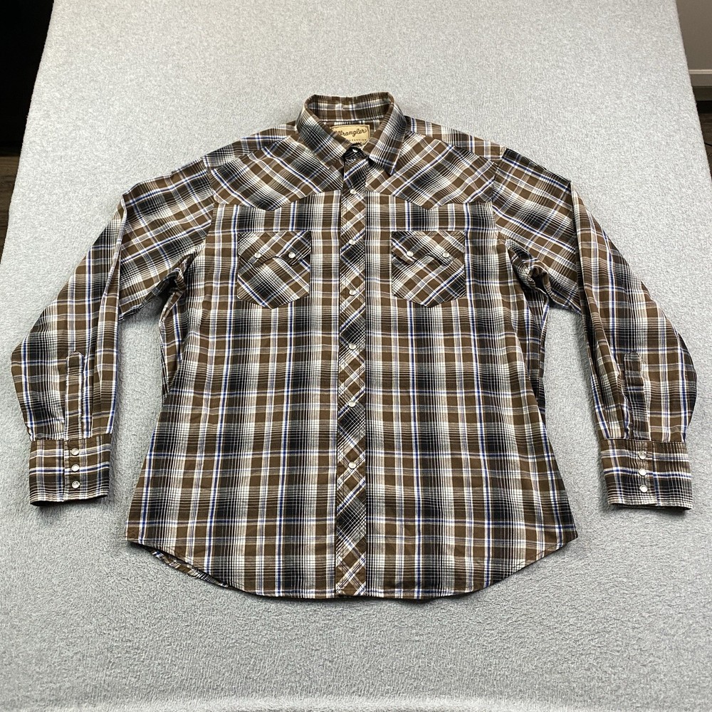 Wrangler Pearl Snap Button Shirt Mens Large Brown Plaid Western Cowboy Workwear