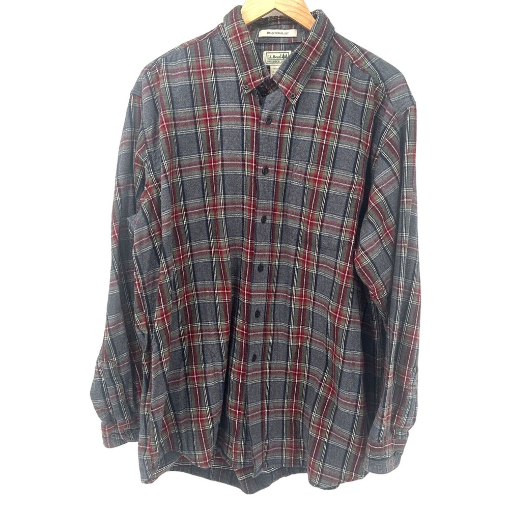 LL Bean Men's XL Gray Red Plaid Flannel Button Down Shirt Traditional Fit Classic