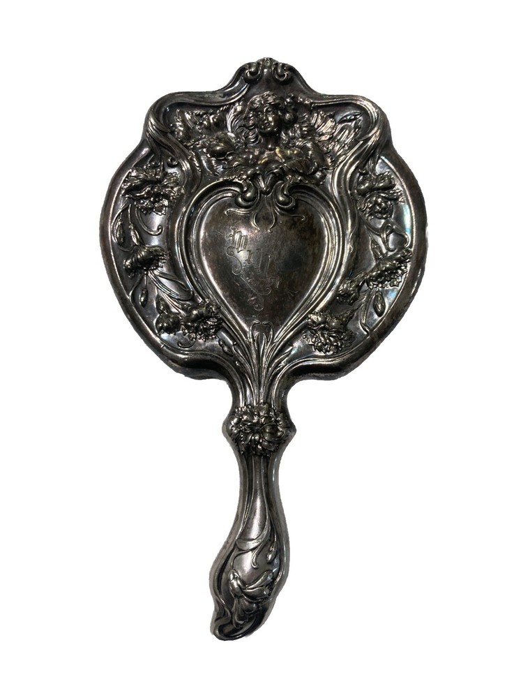 Antique Victorian Silver Plate Hand Mirror Woman Art Nouveau 10.5