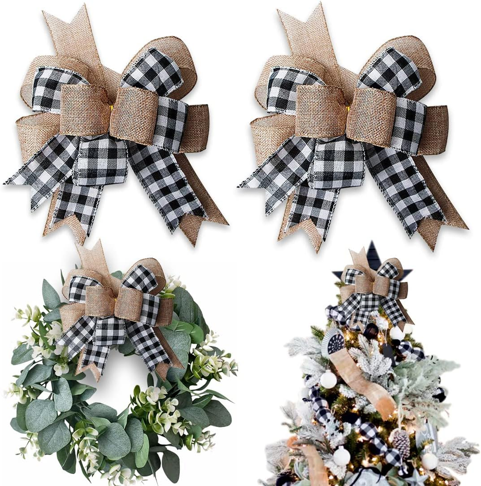 Buffalo Plaid Burlap Wreath Bows 2 Pack Large Rustic Farmhouse Decor 12x9.4 Inches