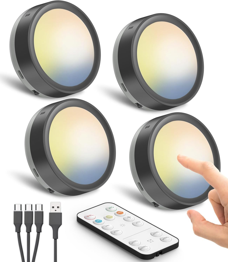 USB Rechargeable Puck Lights With Remote 1600Mah Battery Powered Push Lights New