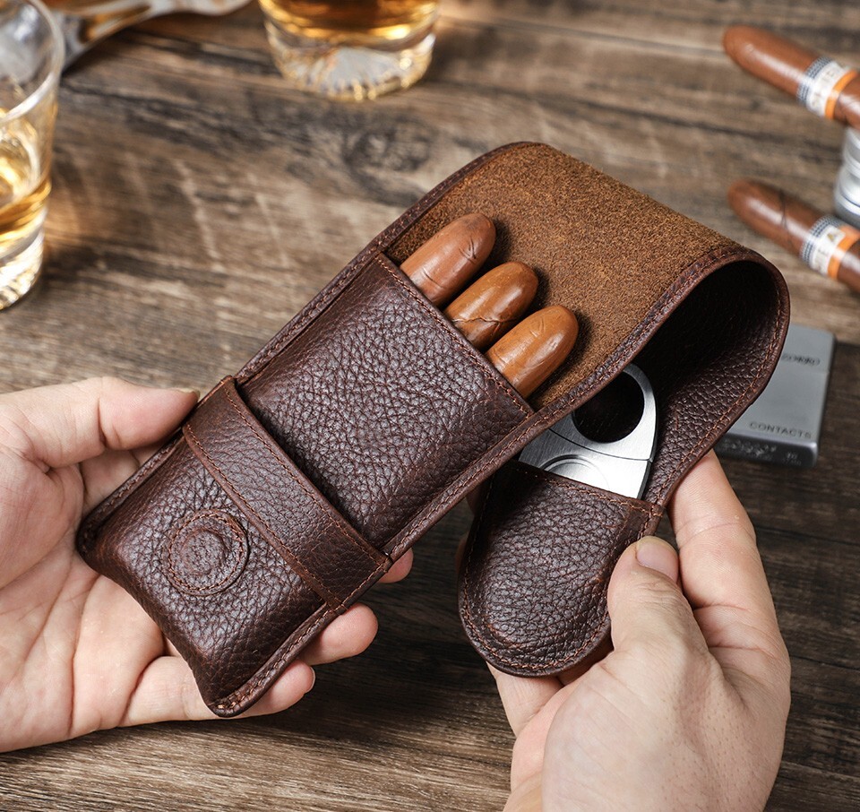 Leather Travel Humidor Pouch Holds 3 Cigars Perfect Father's Day Gift-image