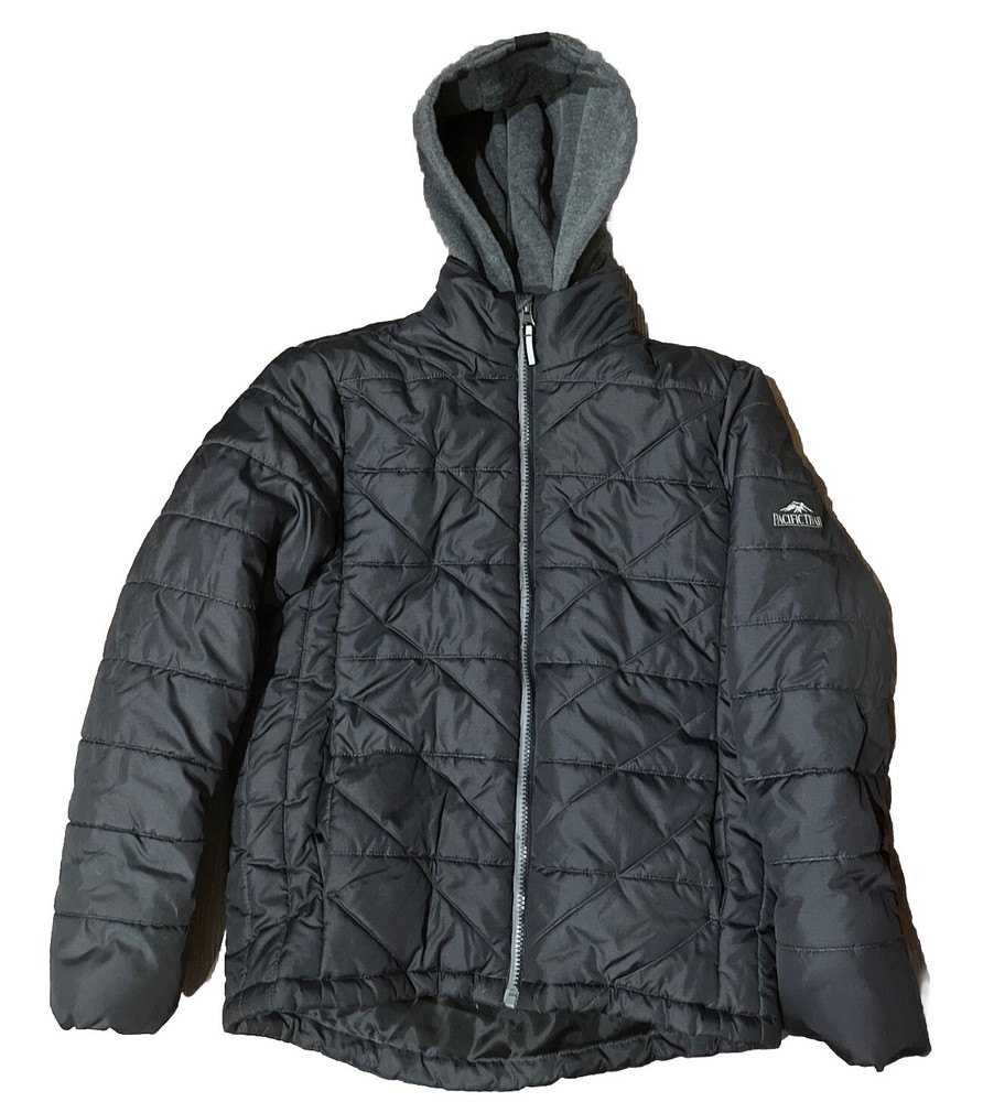 Pacific Trail Boys Fleece Quilted Hooded Puffer Jacket Black & Gray Sz M 10/12