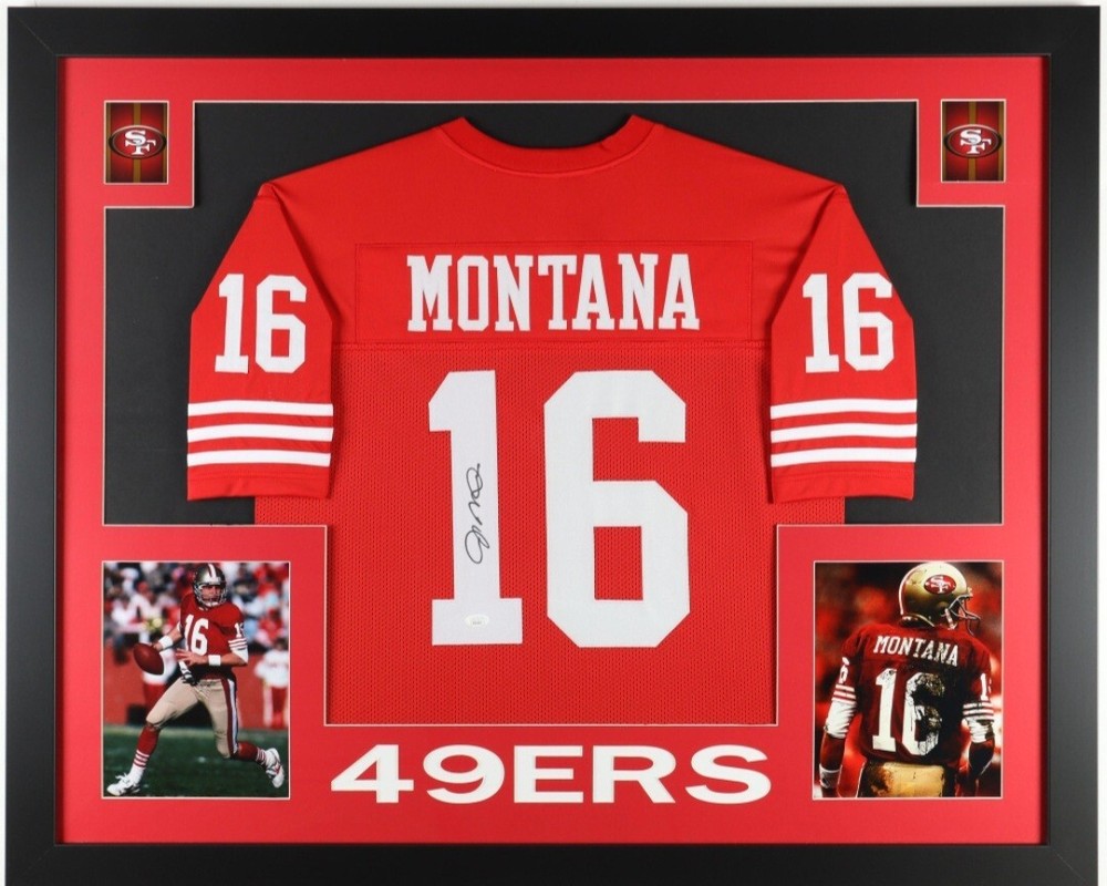 JOE MONTANA (49ers red ) Signed Autographed Framed Jersey JSA