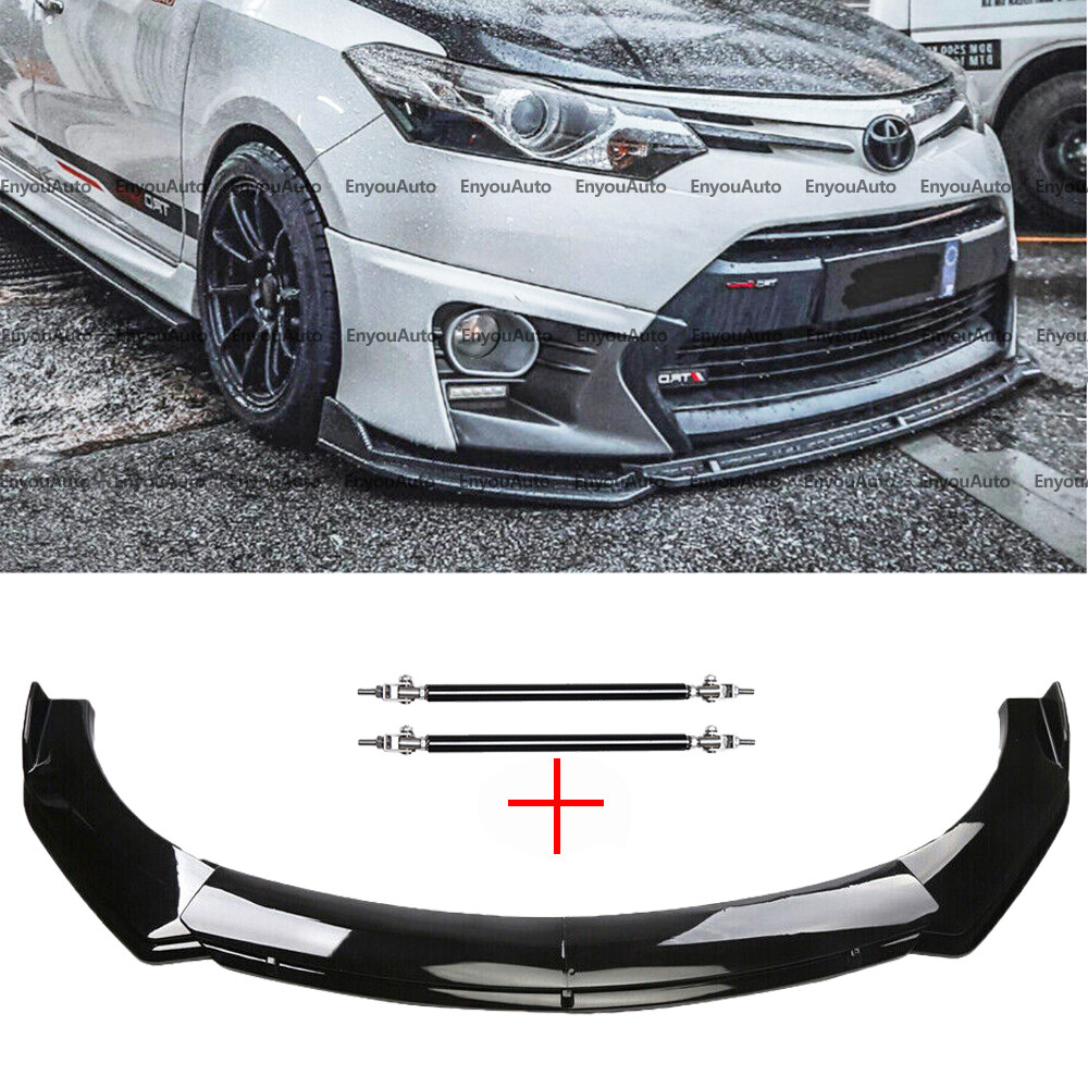 Glossy Black Front Bumper Lip Spoiler with Strut Rods for Toyota Camry