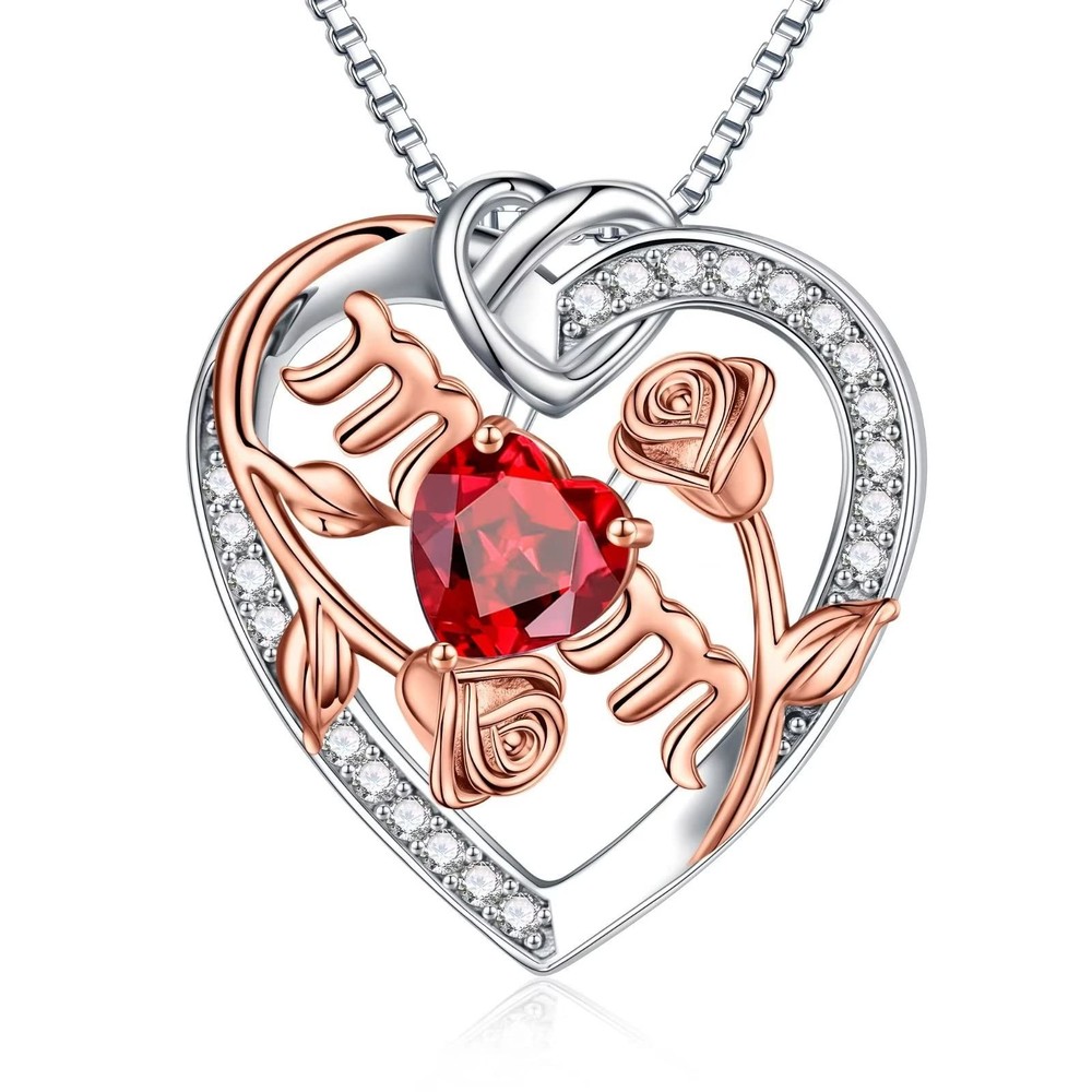 Mom Birthstone Necklace - 925 Sterling Silver, January Red Garnet Jewelry for...