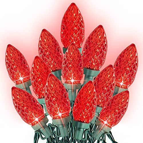 C9 Christmas String Lights, Waterproof Connectable Green Wire 100 LED Red