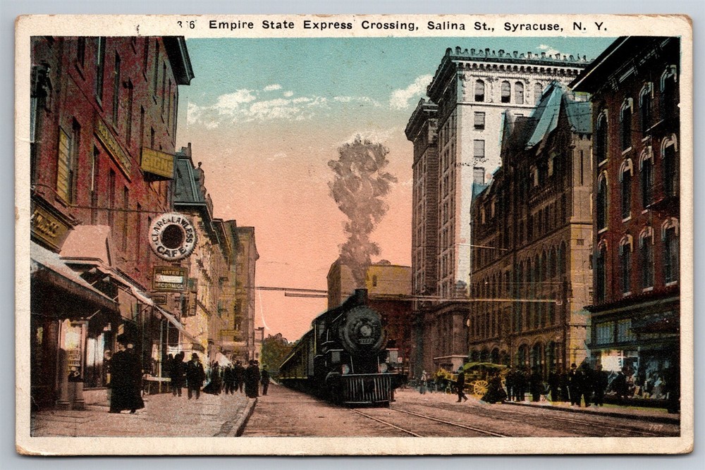 Empire State Express Crossing Locomotive Cafe Syracuse NY C1922 Postcard P26