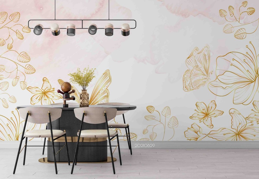 3D Hand Drawn Gold Flower Butterfly Wall Murals Wallpaper Murals Wall Sticker