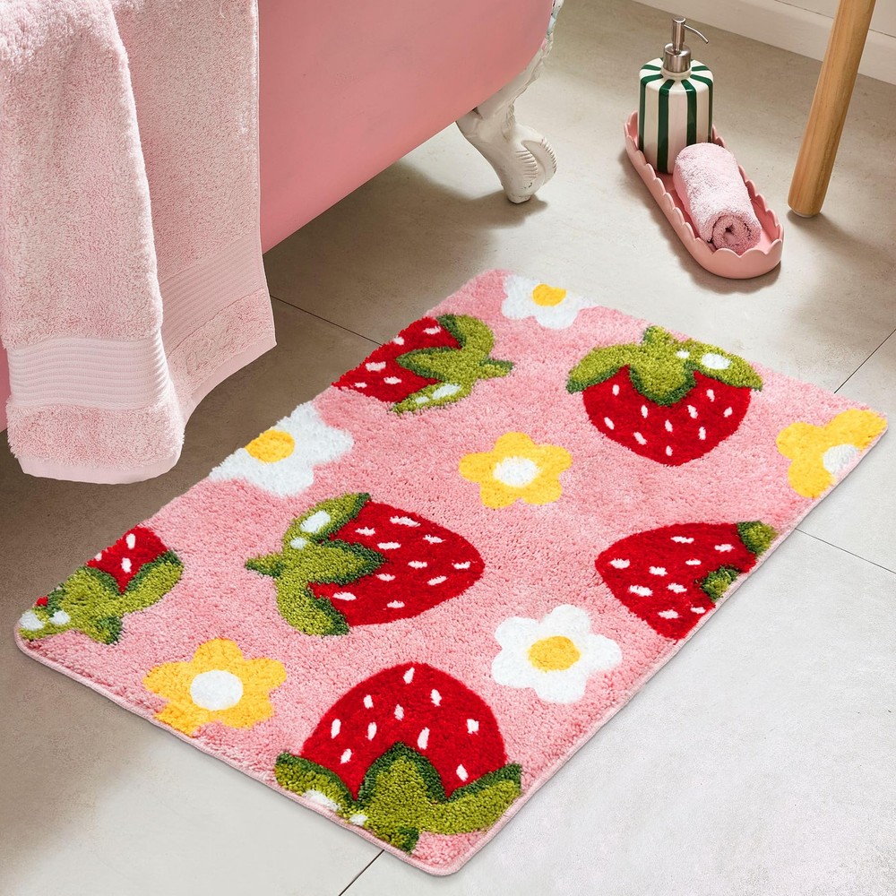Strawberry Pink Bath Mat Cute Soft Bathroom Rug Non-Slip Decor  
