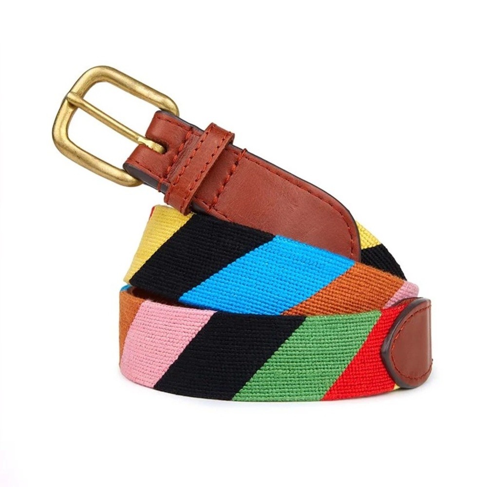 Smathers & Branson Multi Color Stripe Needlepoint Belt Size 38 Solid Brass