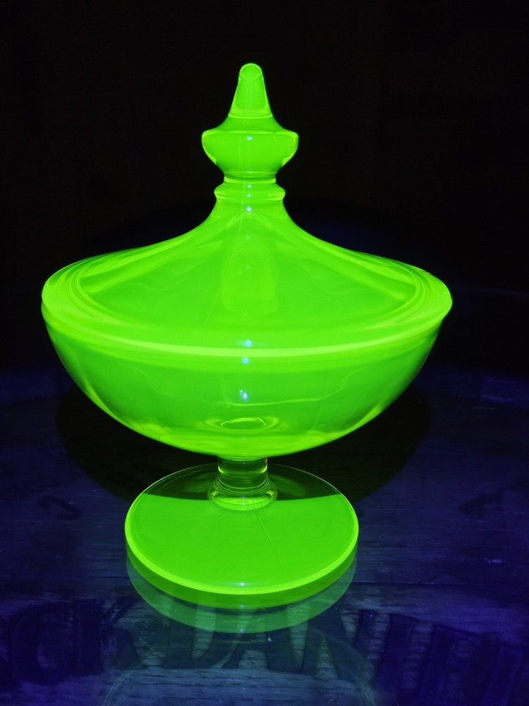 Vintage Fostoria Uranium Glass Candy Dish with Lid Depression Era Green Glow