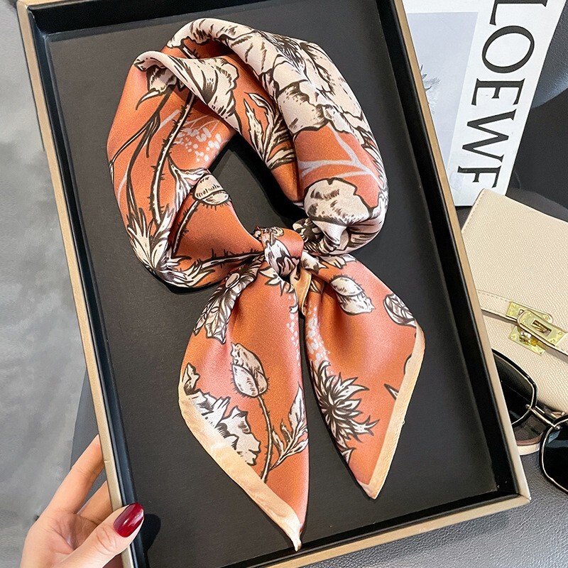 100% Silk Vintage Orange Floral Scarf Headband Neck Bandana for Women 26