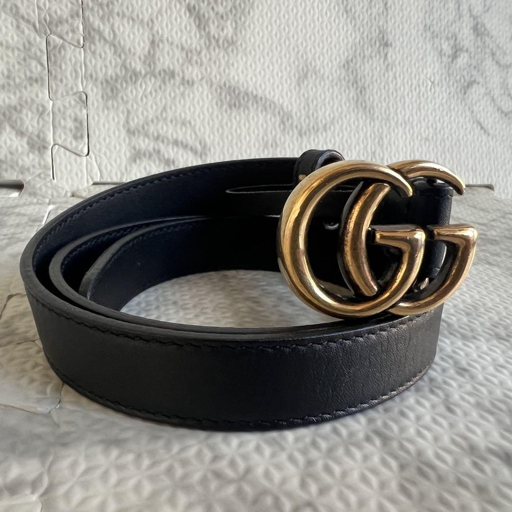 EXC Gucci Marmont GG Logo Leather Belt Gold Black Authentic Japan YZ