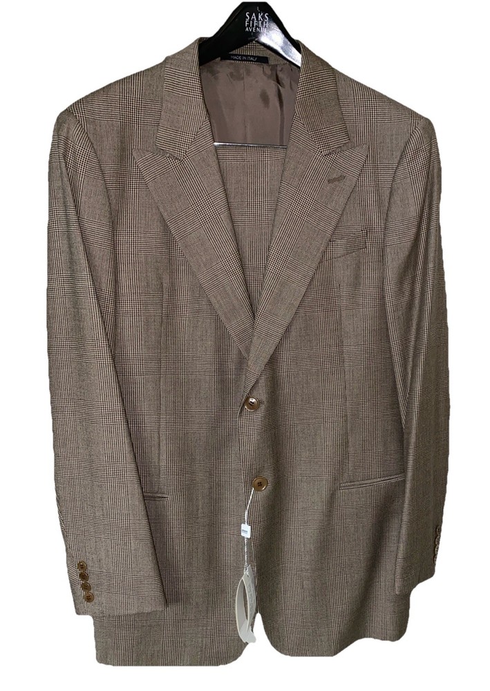 Armani Collezioni 44L Plaid Check Wool Cashmere Suit 2-Piece Italy Saks