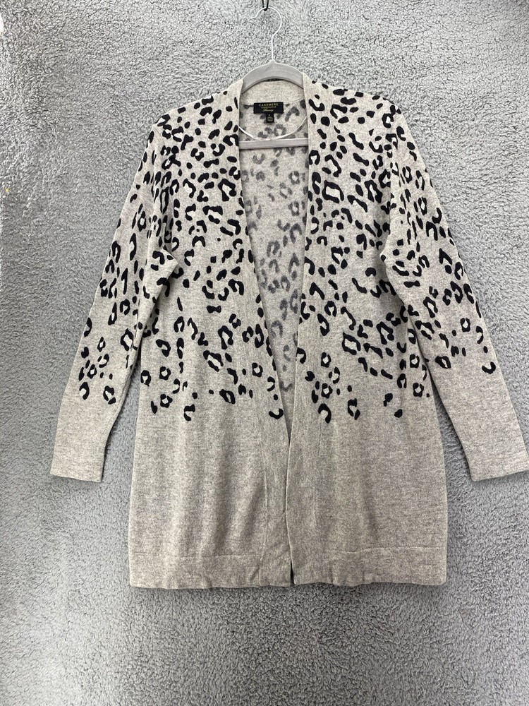 Charter Club 100% Cashmere Animal Print Open Front Gray Cardigan Size Large