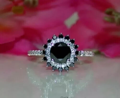 Round Cut Simulated Black Diamond Womens Engagement Ring 14k White Gold Plated