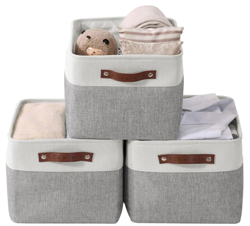 Grey & White Large Fabric Storage Bins 3-Pack for Shelves Closet Nursery