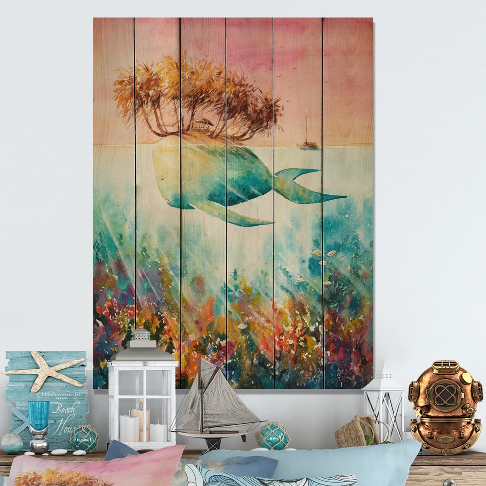Designart 'Cartoon Tropical Whale' Nautical & Coastal Wood Wall Art Panels -