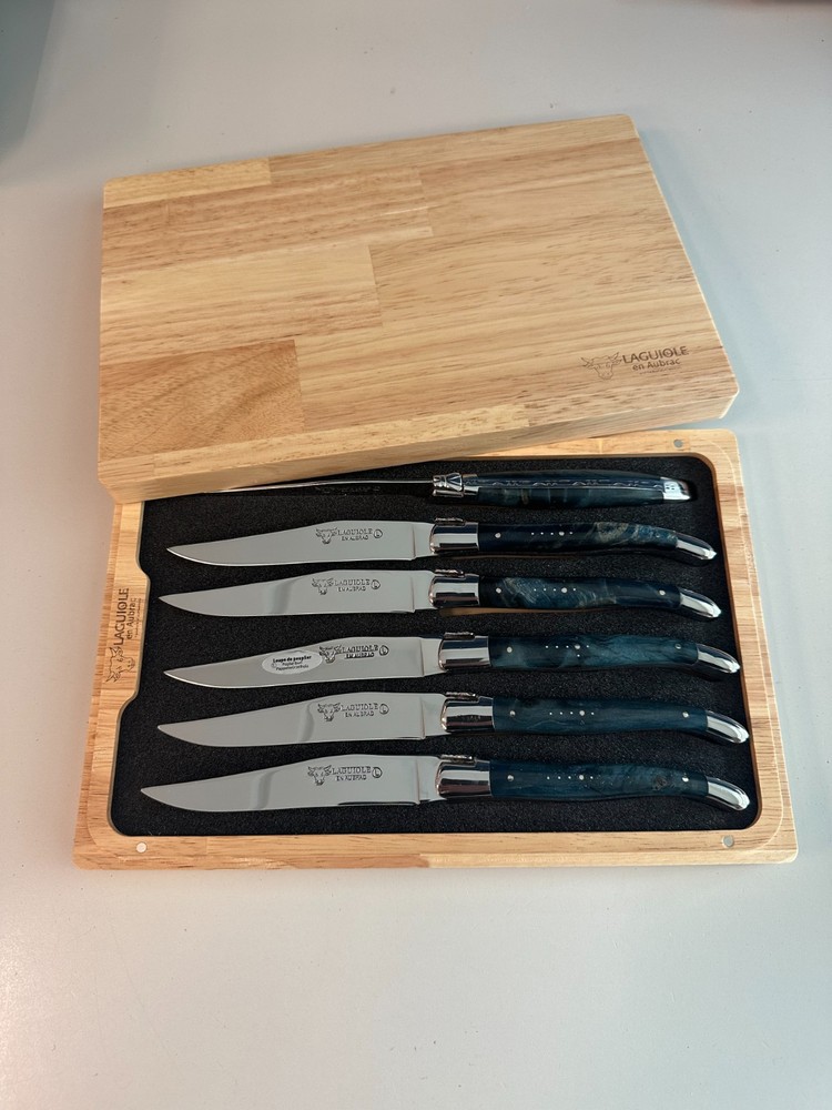 Laguiole en Aubrac 6-Piece Steak Knife Set with Blue Poplar Burl Handles