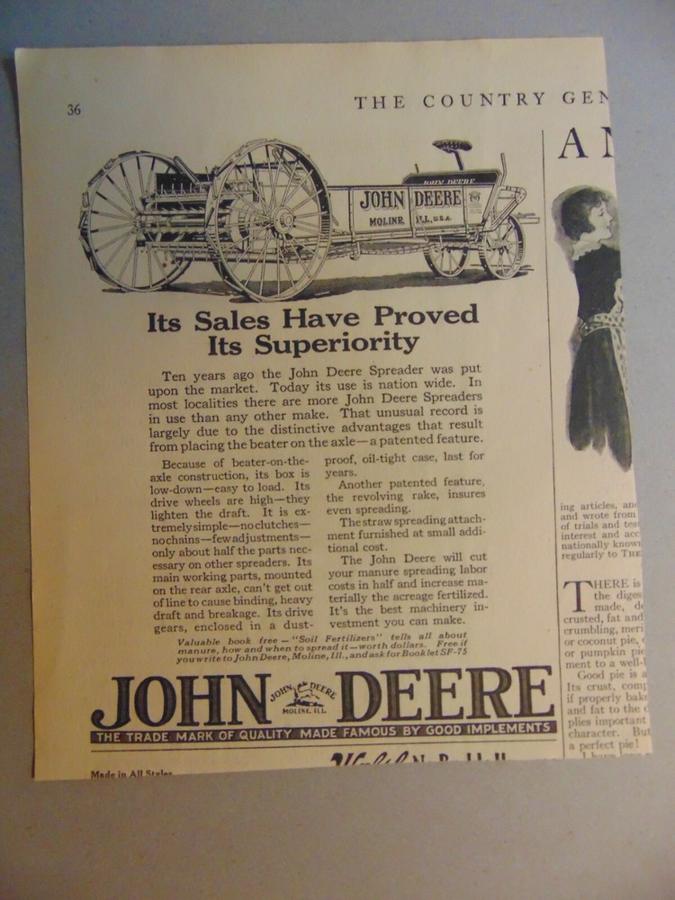 1922 JOHN DEERE SPREADER Farm vintage art print ad
