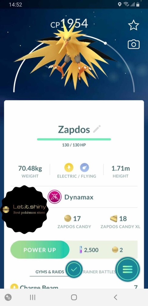 Dynamax Zapdos Non-Shiny Registered Trade Only