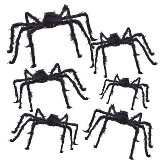 Giant Halloween Spiders Decor - 6 Large Scary Fake Spiders for Indoor Outdoor Use