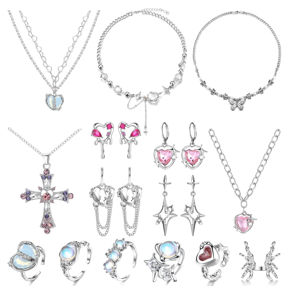 Subiceto 15Pcs Grunge Gothic Necklace Jewelry Set Y2k Star Moonstone Necklace...