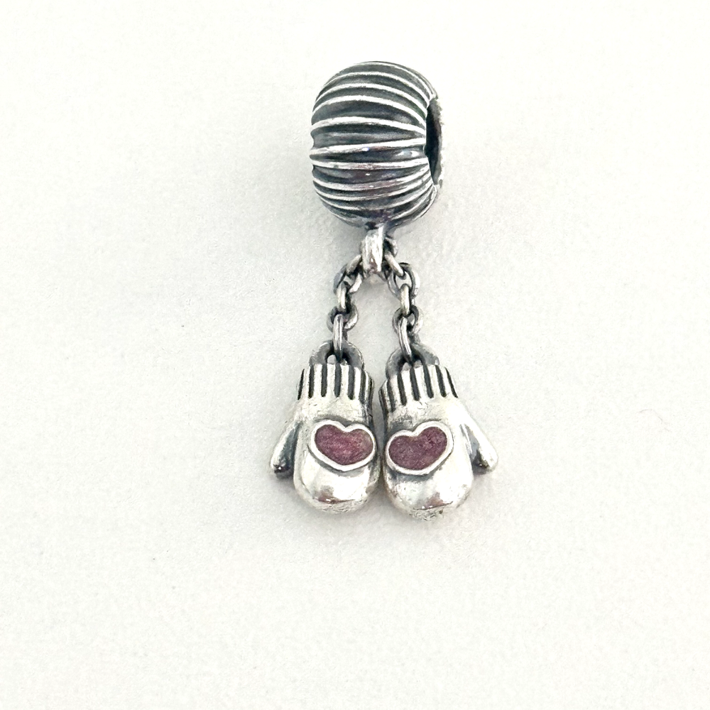 Pandora 925 Silver Pink Enamel Heart Winter Mittens Charm
