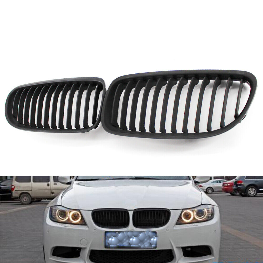 Pair of Front Matte Black Grille Grilles Replacement for BMW E90 2009-2011