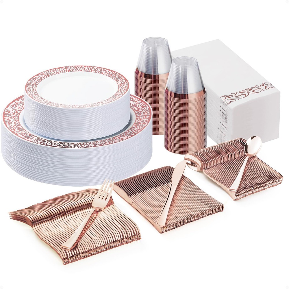 175-Piece Rose Gold Disposable Dinnerware Set for 25 Guests, Elegant Plastic Plates Cutlery Napkins  