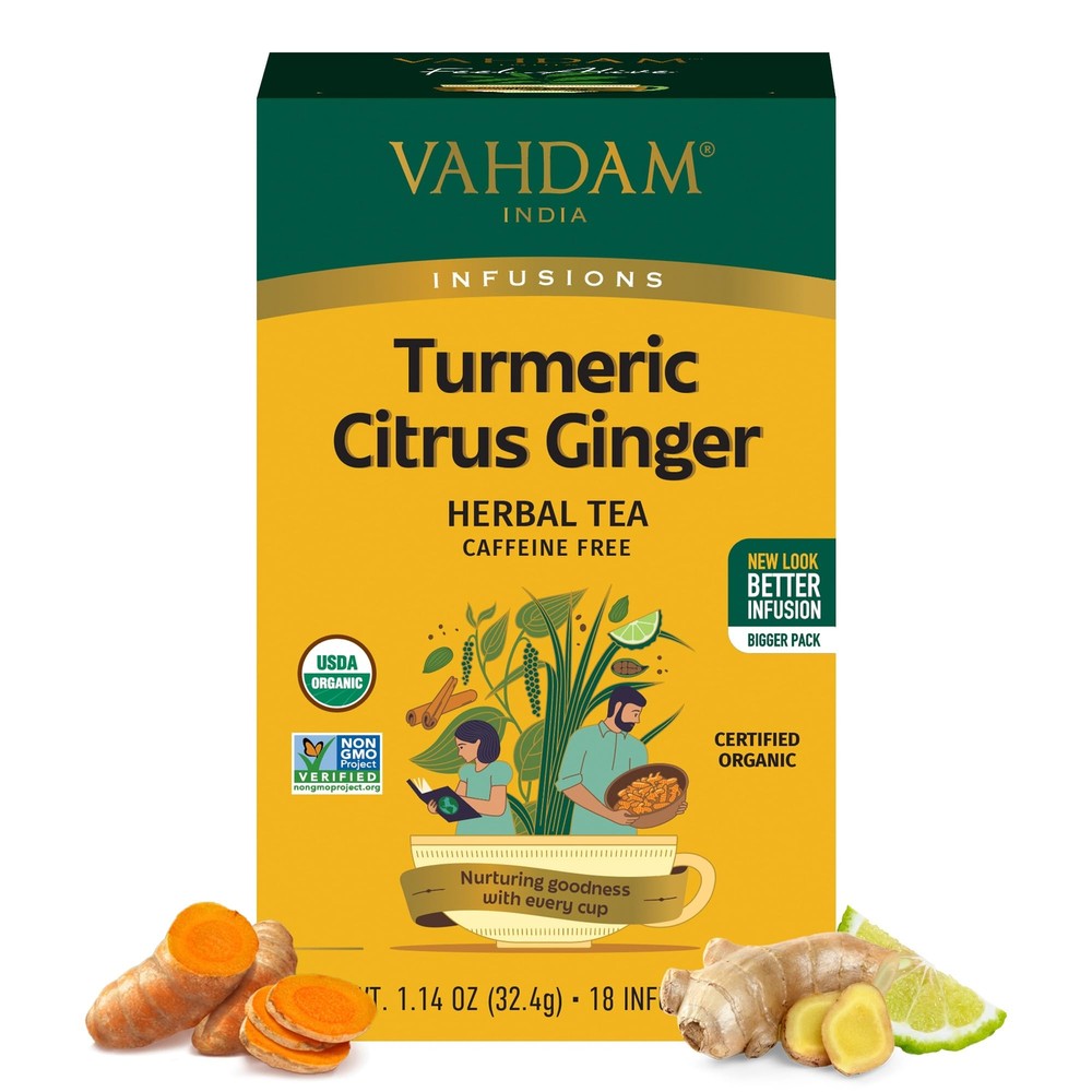 VAHDAM Organic Turmeric Citrus Ginger Herbal Tea (18 Count) Caffeine Free Glu...