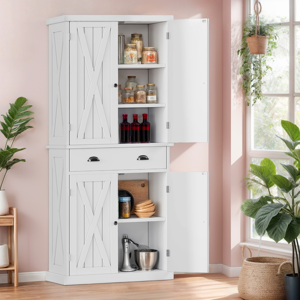 72-Inch Tall Kitchen Pantry Cabinet with Drawer and Sliding Barn Door Storage