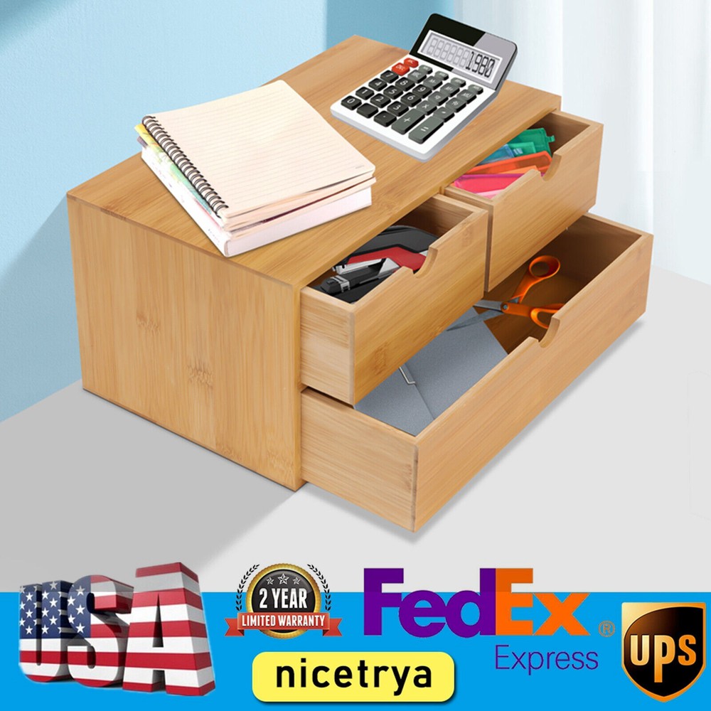 Mini Bamboo Desk Top Organizer 3 Drawers Shelf Desktop Office Home Storage NEW