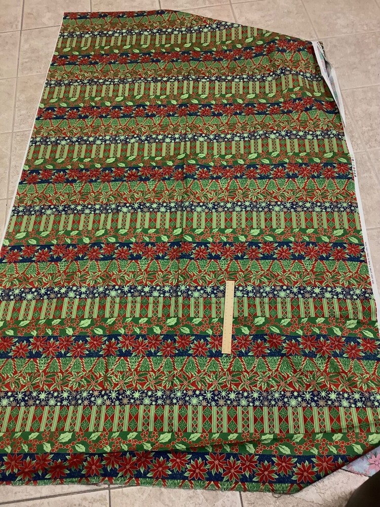 Vintage Christmas cheater quilt fabric with berries trees poinsettias cotton BTY  