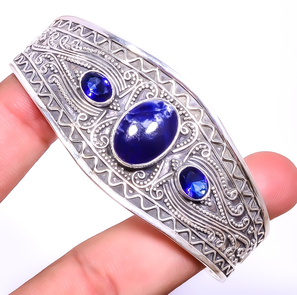 Sodalite - Minas Gerais & Blue Sapphire Simulated 925 Silver Cuff Adst. T15 A36