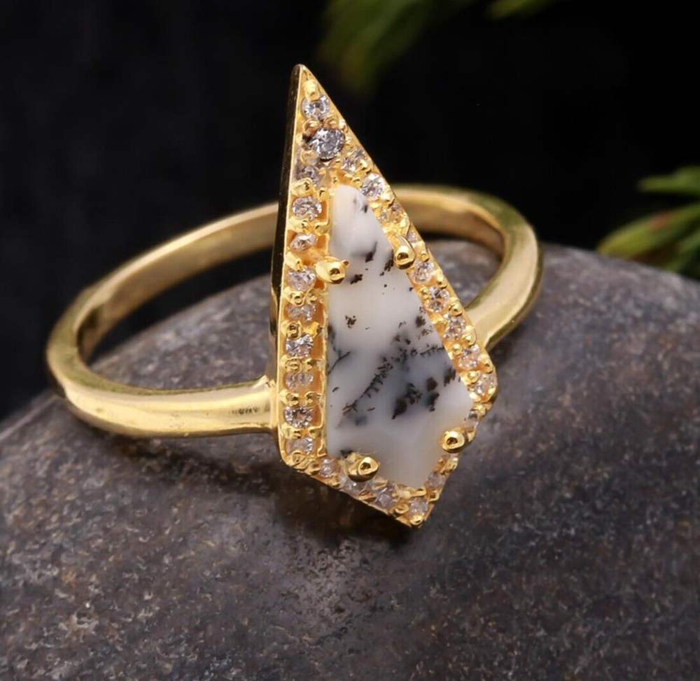 100% Natural Dendrite Opal Kite Shape Vintage Ring Solid Silver Gold Plated Ring