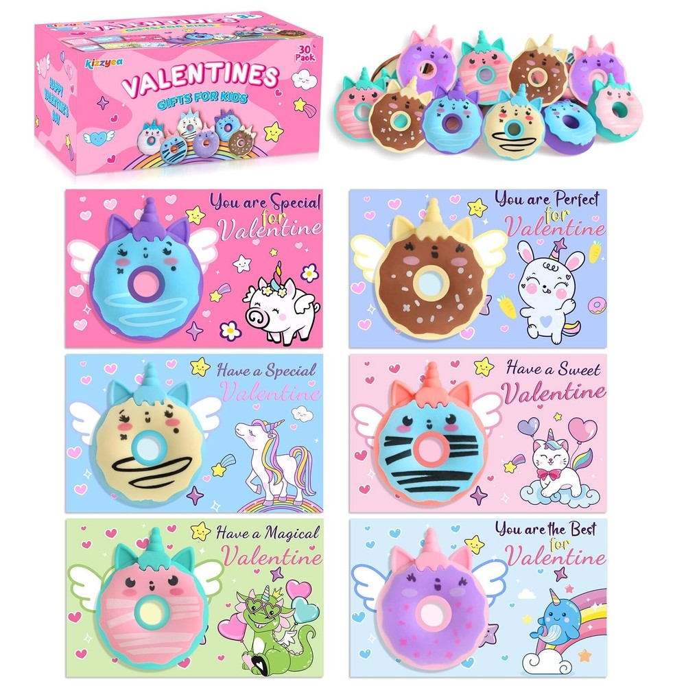 KIZZYEA 30 Pack Valentines Day Cards for Kids School, Donut Erasers with Gree...
