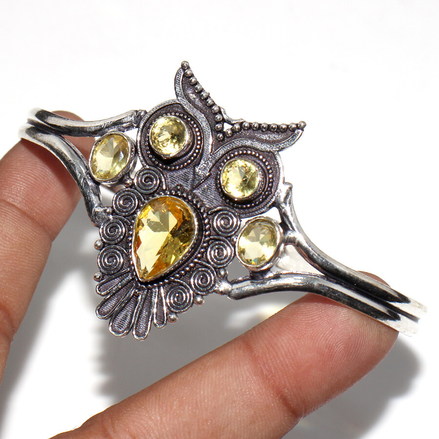 Citrine Gemstone Owl Bangle in 925 Silver Plate Free Size Jewelry JW