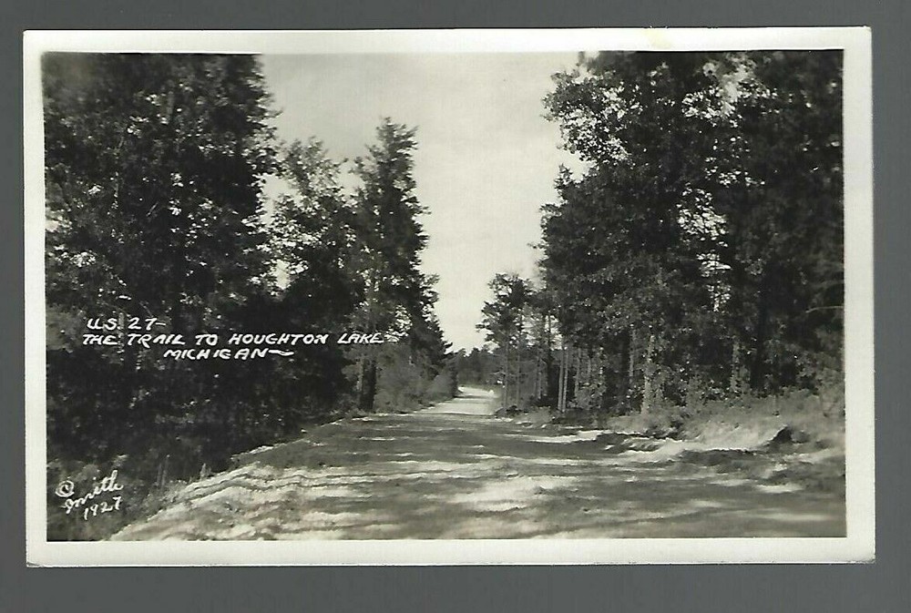 RPPC The Trail To Houghton Lake @Smith 1927 B&W Dirt Road Pine Trees MI A03
