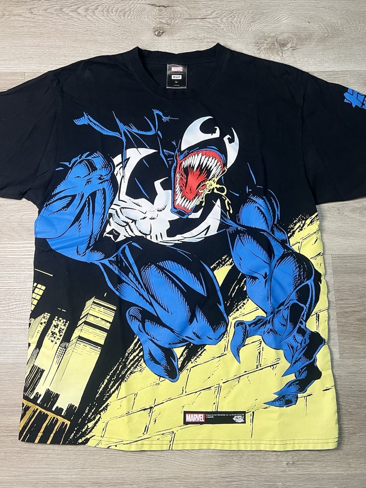Marvel x HUF Venom Graphic T-Shirt Men’s Size L Black AOP Comic Style Rare