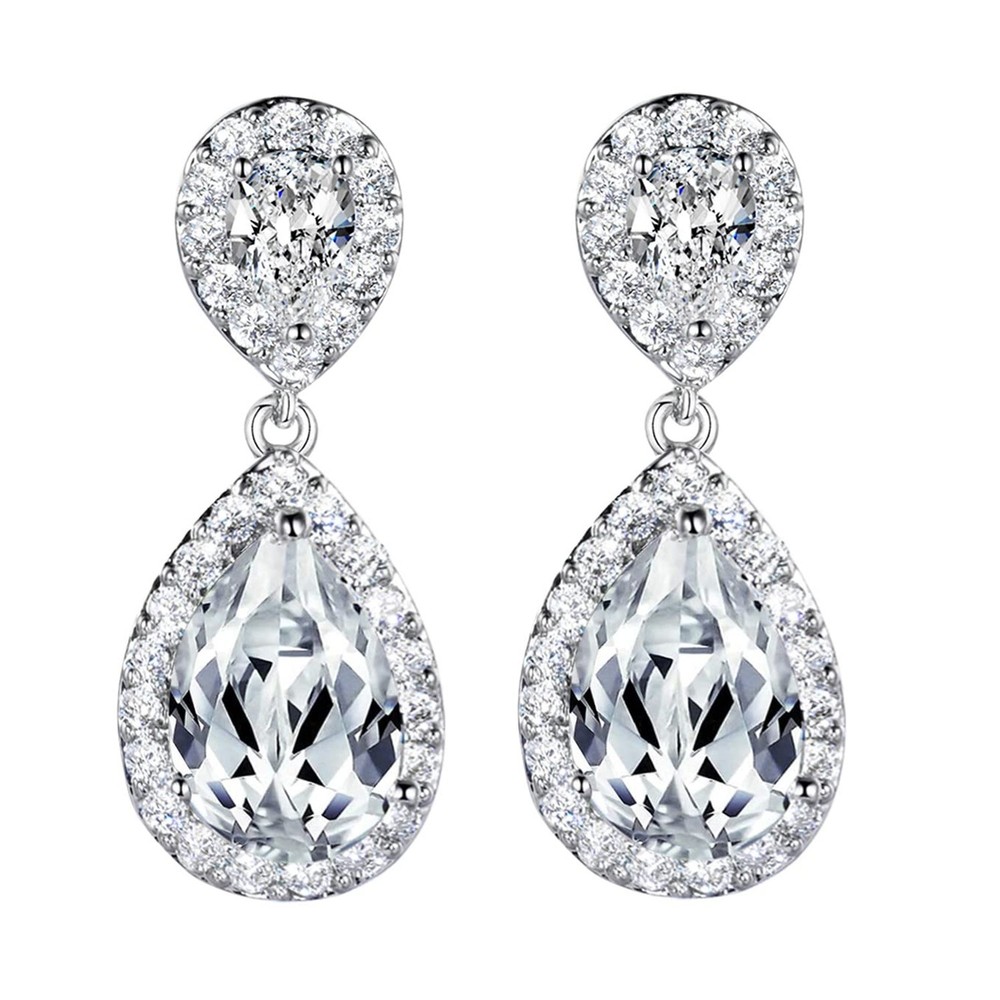 Stylish SELVO Teardrop Bridal Earrings with Cubic Zirconia in Pierced or Clip Options