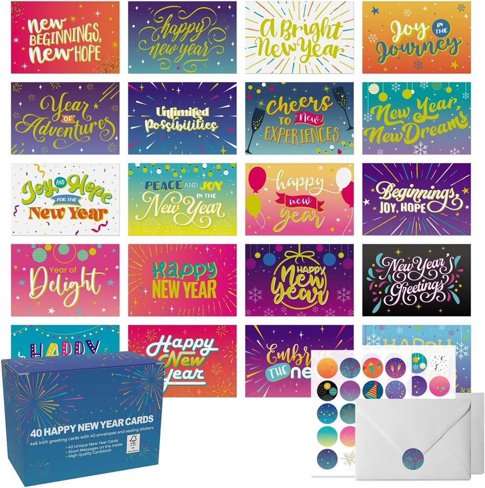 40 New Year Greeting Cards with Envelopes & Stickers – 4x6 Inch Gold Foil Designs-image