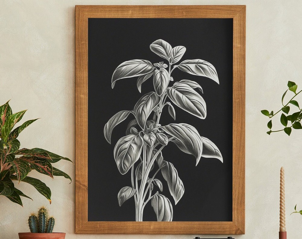 Basil Illustration Pencil Drawing Print Botanical Poster Print At Home Wall Art