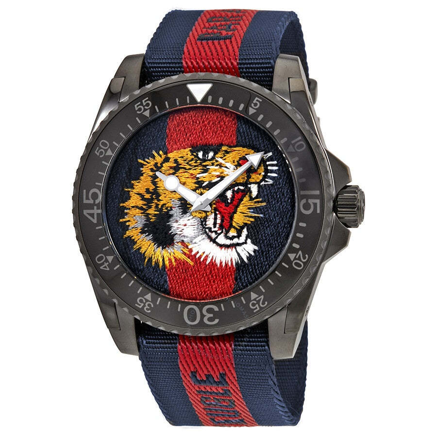 Gucci Dive Tiger Embroidered Dial Mens 45mm Quartz Watch YA136215