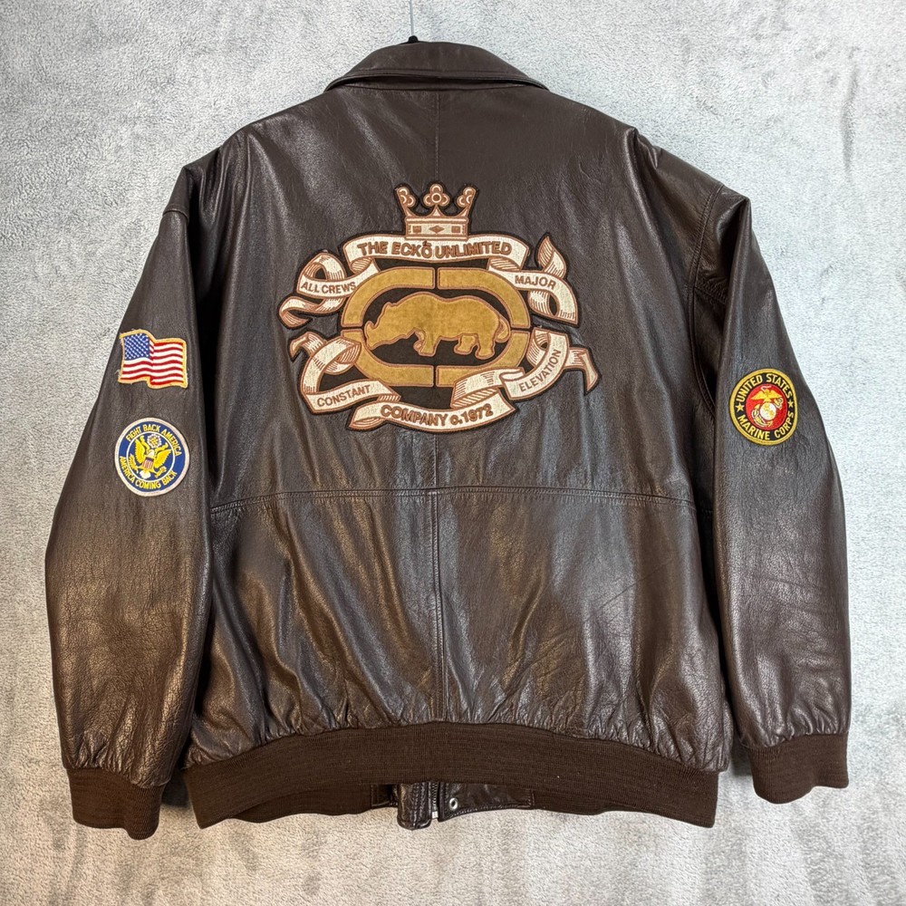 Ecko Unltd Leather Bomber Jacket 2XL Brown USMC Flag Patch Y2K Hip Hop Moto