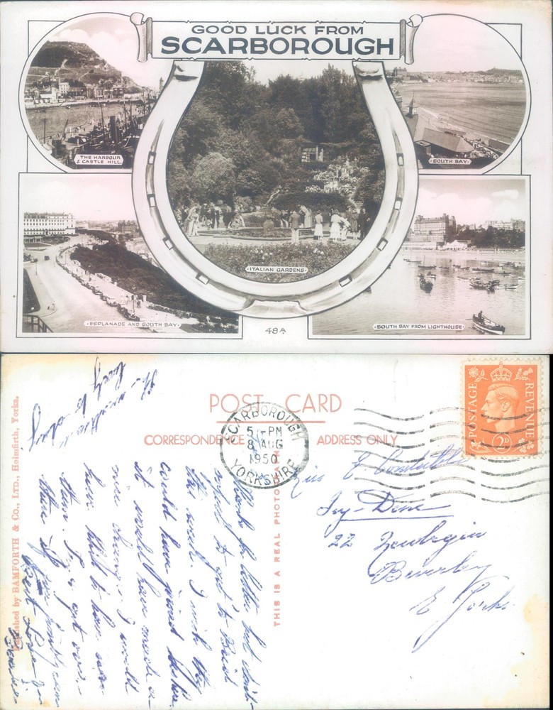Scarborough landmarks and views Bamforth Co Ltd 1956 postmark Cities Towns