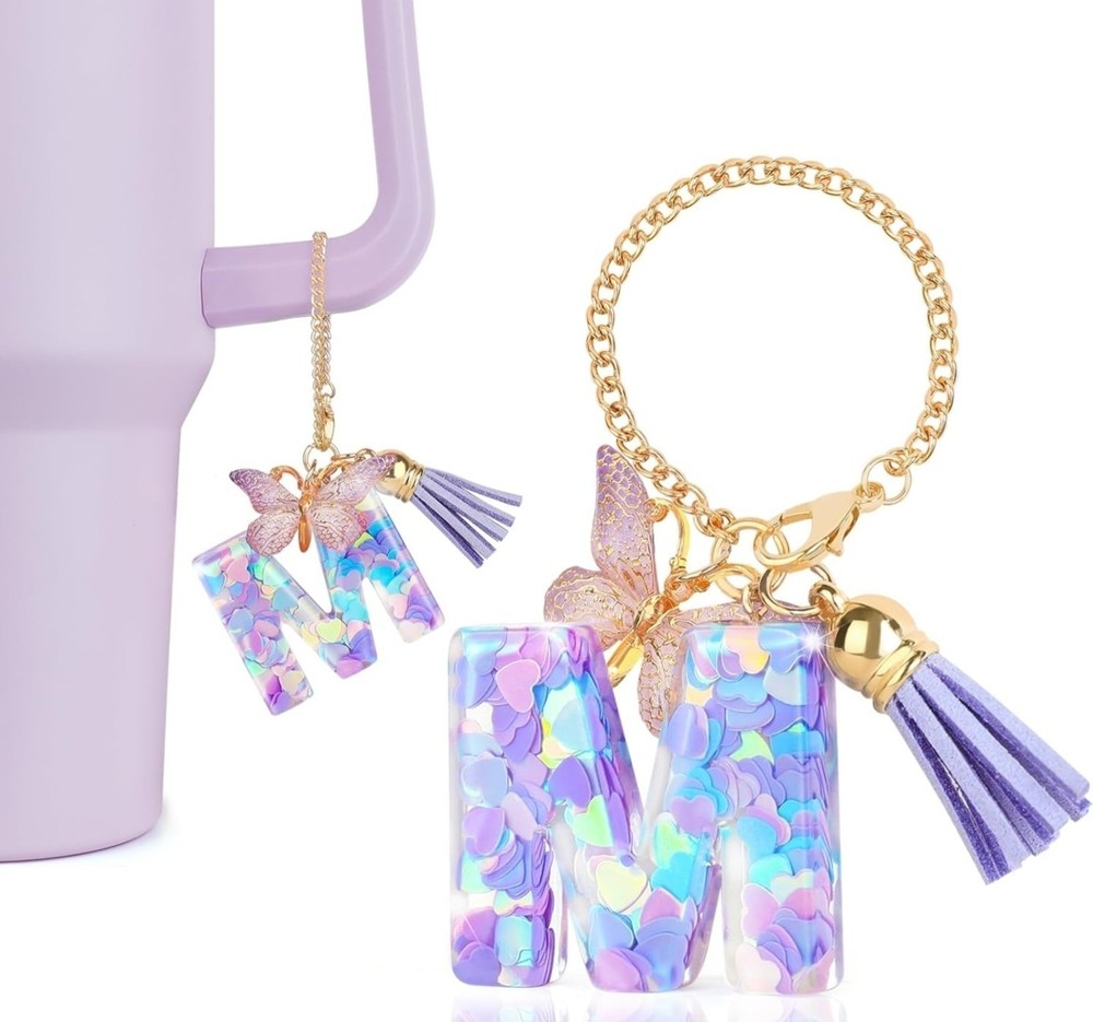 Cute Pink Initial Letter Charm Keychain for Stanley Cup Accessory