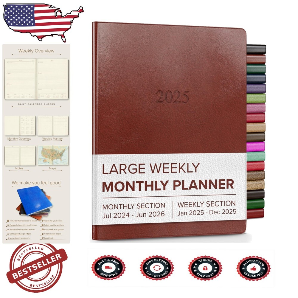 Handcrafted 2025 Weekly Planner - Acadia Tan Leather, 192 Pages, Gold Accents